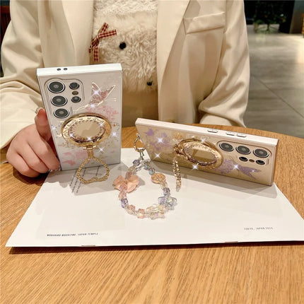 For Samsung Galaxy S23 Ultra Magnetic Case Heart Shape Kickstand TPU + PC Phone Cover Flower Butterfly Pattern