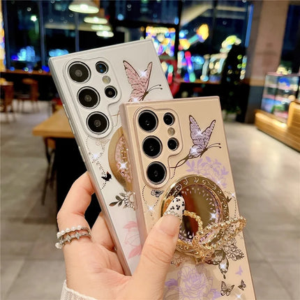 For Samsung Galaxy S23 Ultra Magnetic Case Heart Shape Kickstand TPU + PC Phone Cover Flower Butterfly Pattern