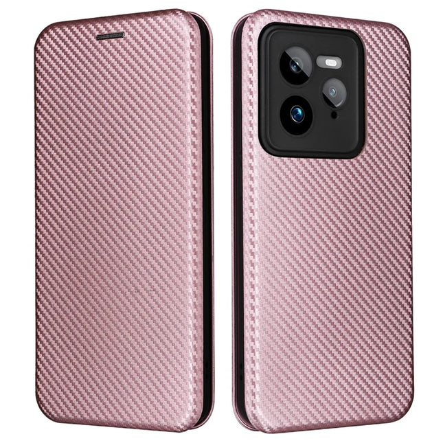 For Realme GT 7 Pro 5G Case Carbon Fiber Texture Drop-Proof PU Leather Phone Cover - Rose Gold