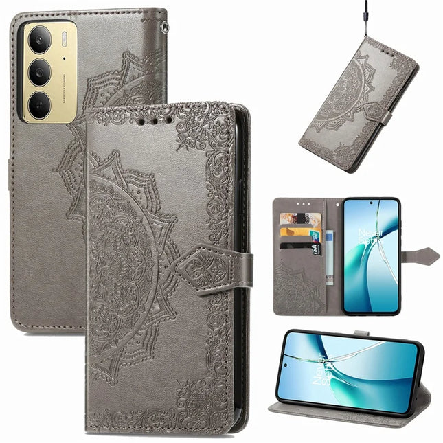 For Realme C75 Wallet Case Mandala Flower Leather Phone Cover Stand - Grey
