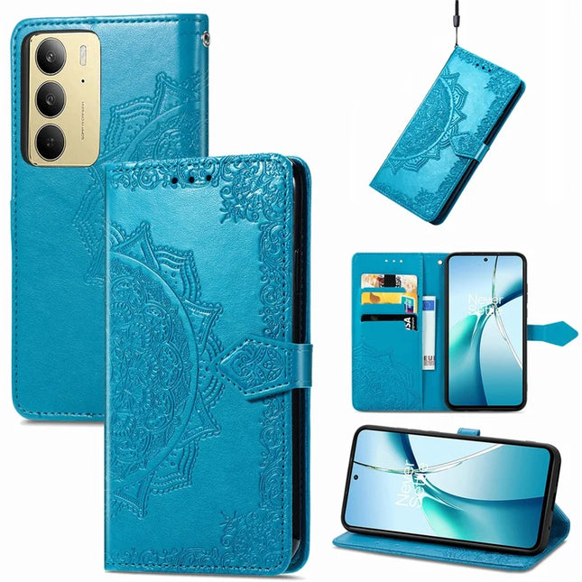 For Realme C75 Wallet Case Mandala Flower Leather Phone Cover Stand - Blue