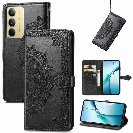 For Realme C75 Wallet Case Mandala Flower Leather Phone Cover Stand - Black