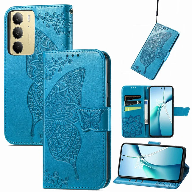 For Realme C75 Case with Strap Butterfly Pattern PU Leather Wallet Phone Cover - Blue