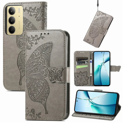 For Realme C75 Case with Strap Butterfly Pattern PU Leather Wallet Phone Cover - Grey