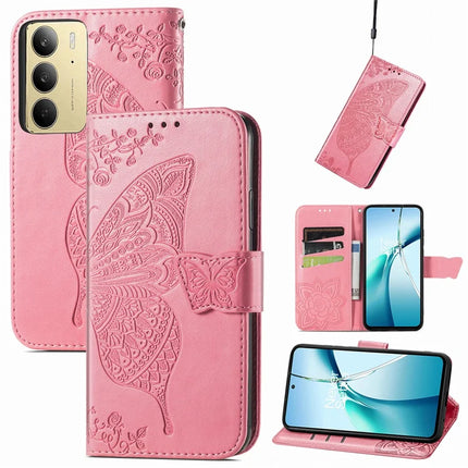 For Realme C75 Case with Strap Butterfly Pattern PU Leather Wallet Phone Cover - Pink