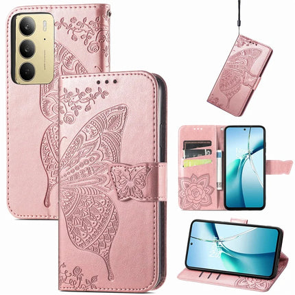 For Realme C75 Case with Strap Butterfly Pattern PU Leather Wallet Phone Cover - Rose Gold