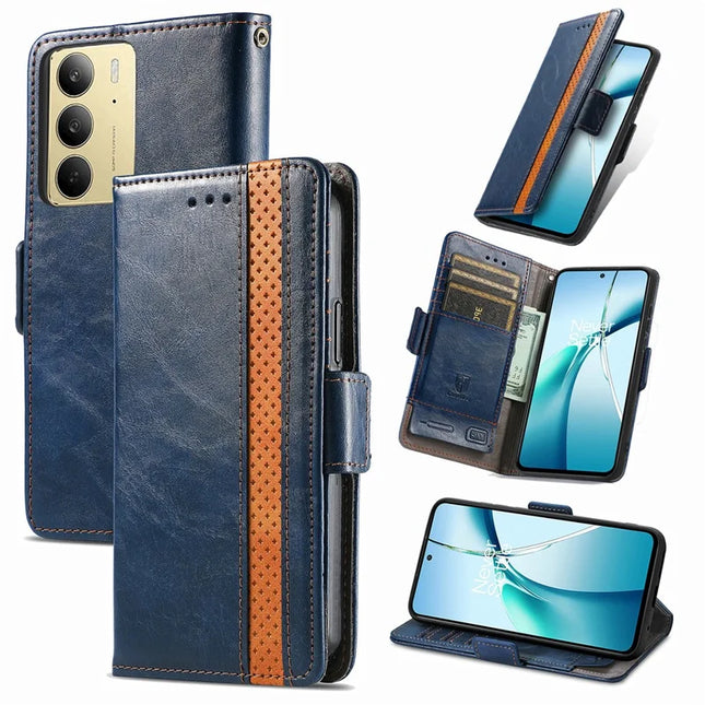 For Realme C75 Case CASENEO 002 Series RFID Blocking Leather Wallet Stand Phone Cover - Dark Blue