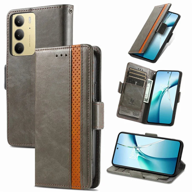 For Realme C75 Case CASENEO 002 Series RFID Blocking Leather Wallet Stand Phone Cover - Grey