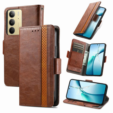 For Realme C75 Case CASENEO 002 Series RFID Blocking Leather Wallet Stand Phone Cover - Dark Brown