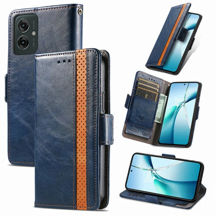 For Motorola Moto G55 5G Case CASENEO 002 Series RFID Blocking Leather Wallet Stand Phone Cover - Dark Blue