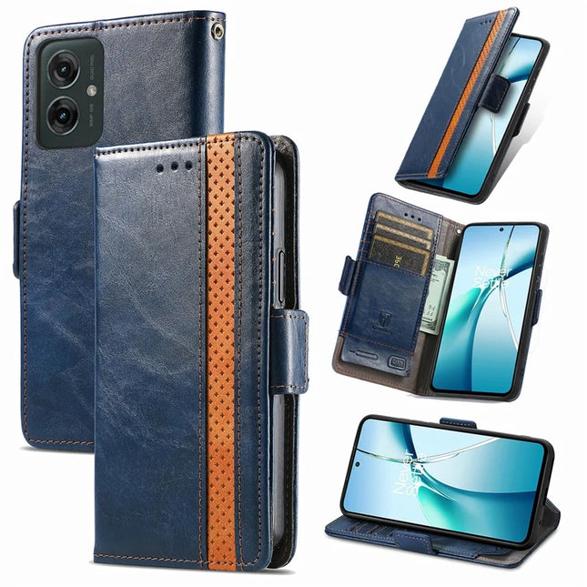 For Motorola Moto G55 5G Case CASENEO 002 Series RFID Blocking Leather Wallet Stand Phone Cover - Dark Blue