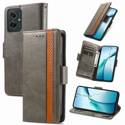 For Motorola Moto G55 5G Case CASENEO 002 Series RFID Blocking Leather Wallet Stand Phone Cover - Grey