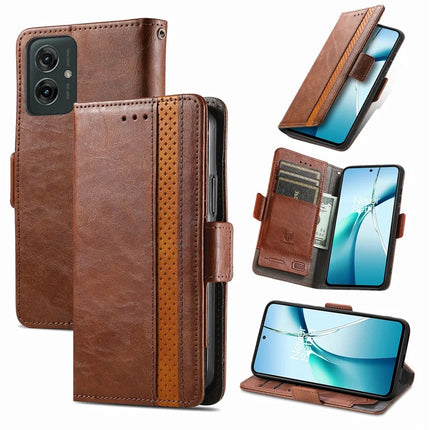 For Motorola Moto G55 5G Case CASENEO 002 Series RFID Blocking Leather Wallet Stand Phone Cover - Dark Brown
