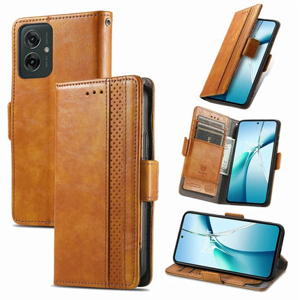 For Motorola Moto G55 5G Case CASENEO 002 Series RFID Blocking Leather Wallet Stand Phone Cover - Khaki
