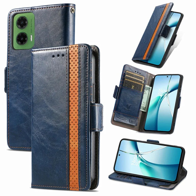 For Motorola Moto G35 5G Case CASENEO 002 Series RFID Blocking Leather Wallet Stand Phone Cover - Dark Blue