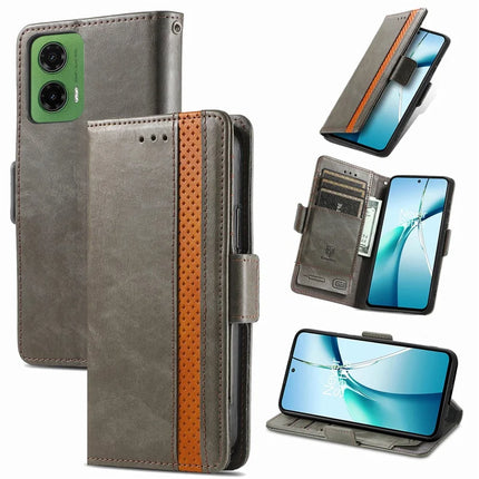 For Motorola Moto G35 5G Case CASENEO 002 Series RFID Blocking Leather Wallet Stand Phone Cover - Grey
