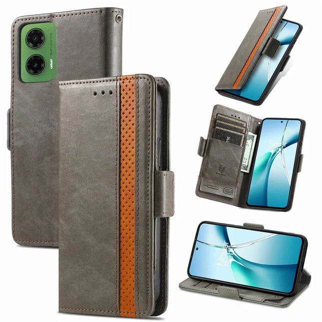 For Motorola Moto G35 5G Case CASENEO 002 Series RFID Blocking Leather Wallet Stand Phone Cover - Grey