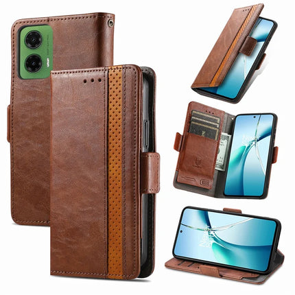 For Motorola Moto G35 5G Case CASENEO 002 Series RFID Blocking Leather Wallet Stand Phone Cover - Dark Brown