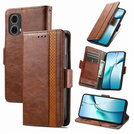 For Motorola Moto G45 5G Case CASENEO 002 Series RFID Blocking Leather Wallet Stand Phone Cover - Dark Brown