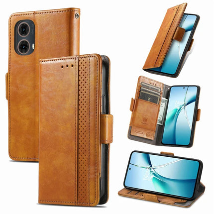 For Motorola Moto G45 5G Case CASENEO 002 Series RFID Blocking Leather Wallet Stand Phone Cover - Khaki