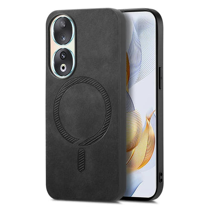 For Honor 90 Leather Back Case Compatible with MagSafe Skin-touch Phone Cover - Black