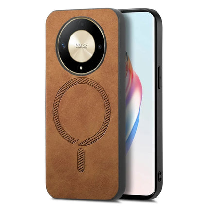 For Honor X9b 5G Leather Back Case Compatible with MagSafe Skin-touch Phone Cover - Brown