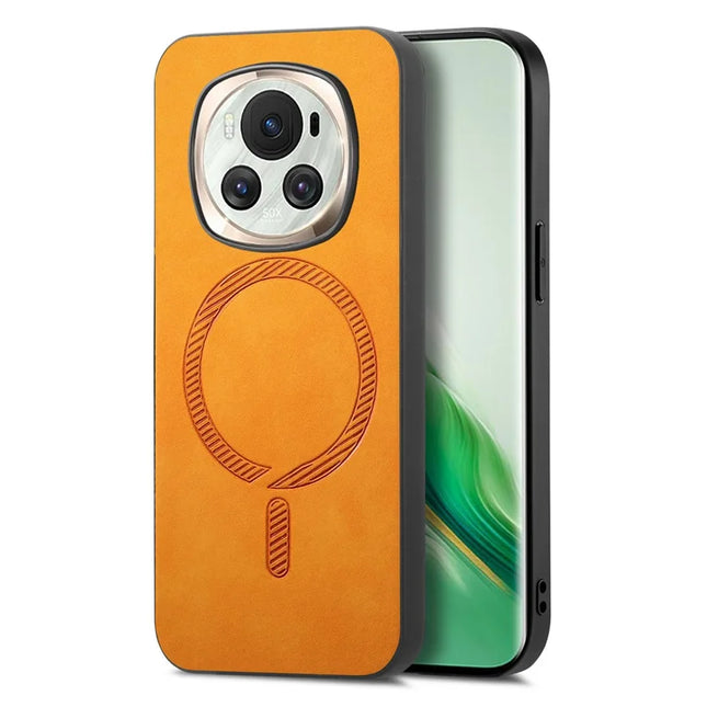 For Honor Magic6 5G Leather Back Case Compatible with MagSafe Skin-touch Phone Cover - Yellow