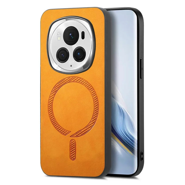 For Honor Magic6 Pro 5G Leather Back Case Compatible with MagSafe Skin-touch Phone Cover - Yellow