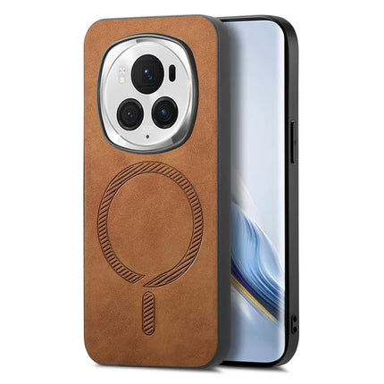 For Honor Magic6 Pro 5G Leather Back Case Compatible with MagSafe Skin-touch Phone Cover - Brown