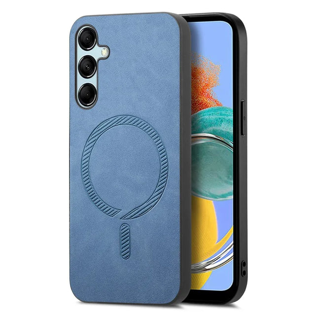 For Samsung Galaxy M14 5G Leather Back Case Compatible with MagSafe Skin-touch Phone Cover - Blue