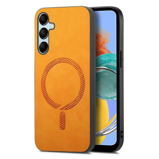 For Samsung Galaxy M14 5G Leather Back Case Compatible with MagSafe Skin-touch Phone Cover - Yellow