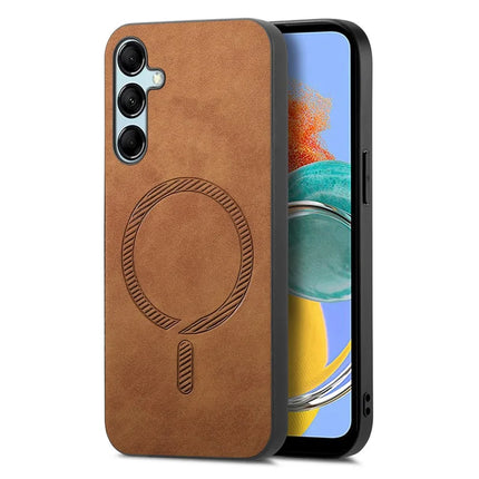 For Samsung Galaxy M14 5G Leather Back Case Compatible with MagSafe Skin-touch Phone Cover - Brown