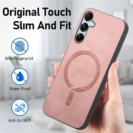 For Samsung Galaxy M14 5G Leather Back Case Compatible with MagSafe Skin-touch Phone Cover