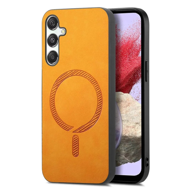 For Samsung Galaxy M34 5G Leather Back Case Compatible with MagSafe Skin-touch Phone Cover - Yellow