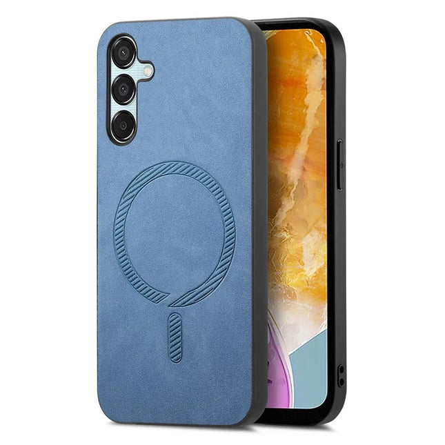 For Samsung Galaxy F15 5G Leather Back Case Compatible with MagSafe Skin-touch Phone Cover - Blue