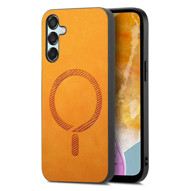 For Samsung Galaxy F15 5G Leather Back Case Compatible with MagSafe Skin-touch Phone Cover - Yellow