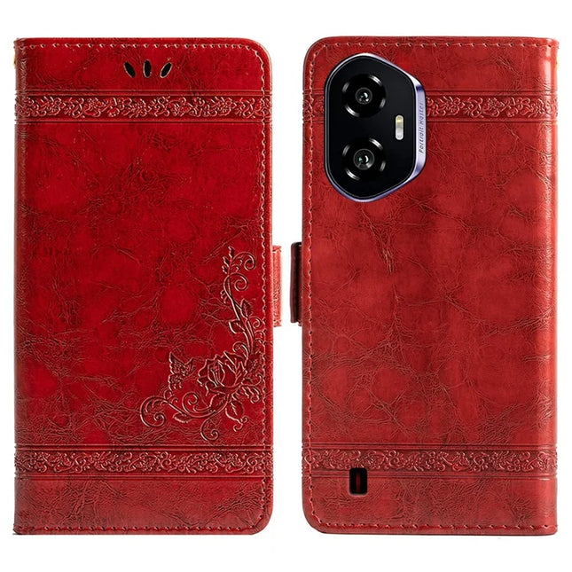 For Honor 300 Leather Case Flower Imprint Wallet Phone Cover with Side Buckle - Red
