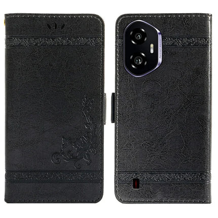 For Honor 300 Leather Case Flower Imprint Wallet Phone Cover with Side Buckle - Black