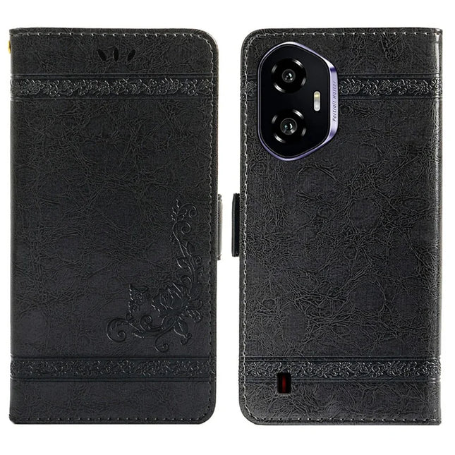 For Honor 300 Leather Case Flower Imprint Wallet Phone Cover with Side Buckle - Black