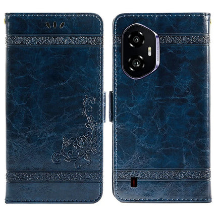 For Honor 300 Leather Case Flower Imprint Wallet Phone Cover with Side Buckle - Blue