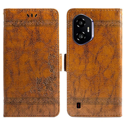 For Honor 300 Leather Case Flower Imprint Wallet Phone Cover with Side Buckle - Brown