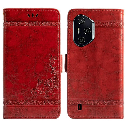 For Honor 300 Pro Leather Case Flower Imprint Wallet Phone Cover with Side Buckle - Red