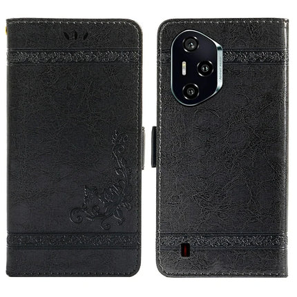 For Honor 300 Pro Leather Case Flower Imprint Wallet Phone Cover with Side Buckle - Black