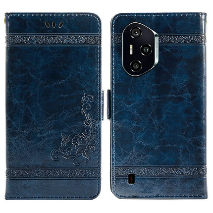 For Honor 300 Pro Leather Case Flower Imprint Wallet Phone Cover with Side Buckle - Blue