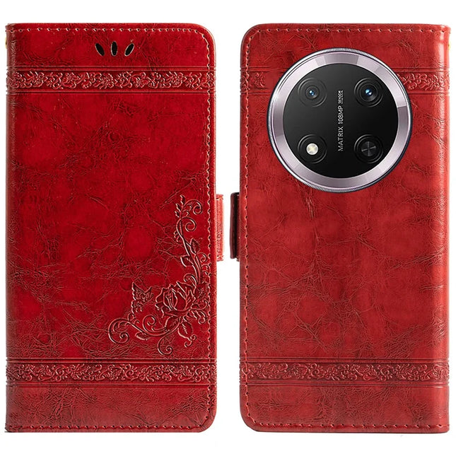 For Honor Magic7 Lite 5G / X9c 5G / X60 Pro 5G Leather Case Flower Imprint Wallet Phone Cover with Side Buckle - Red