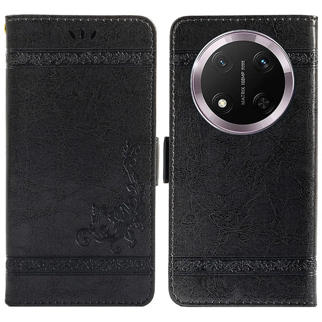 For Honor Magic7 Lite 5G / X9c 5G / X60 Pro 5G Leather Case Flower Imprint Wallet Phone Cover with Side Buckle - Black