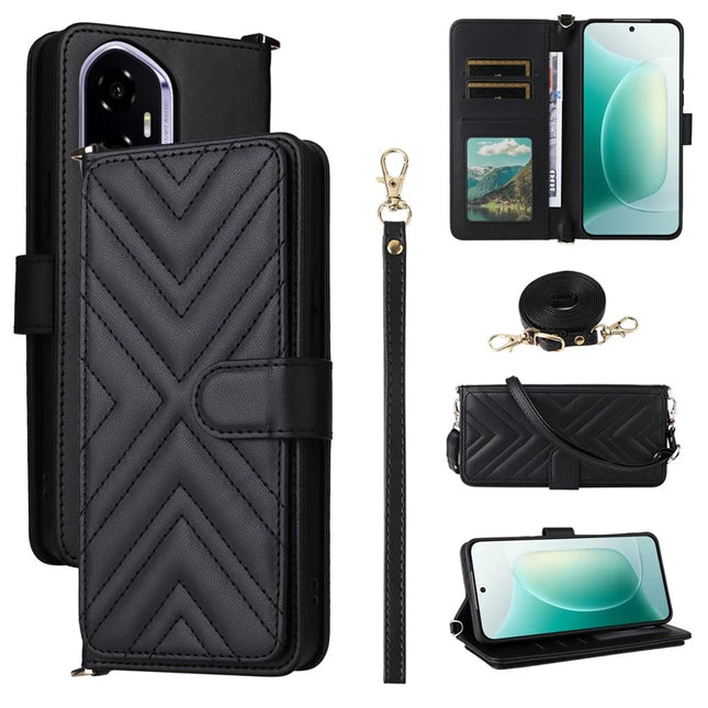 For Honor 300 Wallet Case with Shoulder Strap Leather Phone Cover - Black