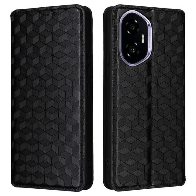 For Honor 300 Wallet Case Rhombus Imprinted Leather Phone Cover - Black