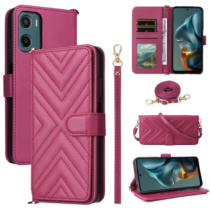 For Motorola Moto G05 4G  /  E15 4G Wallet Case with Shoulder Strap Leather Phone Cover - Rose