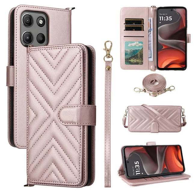 For Motorola Moto G15 Power 4G  /  G15 4G Wallet Case with Shoulder Strap Leather Phone Cover - Pink